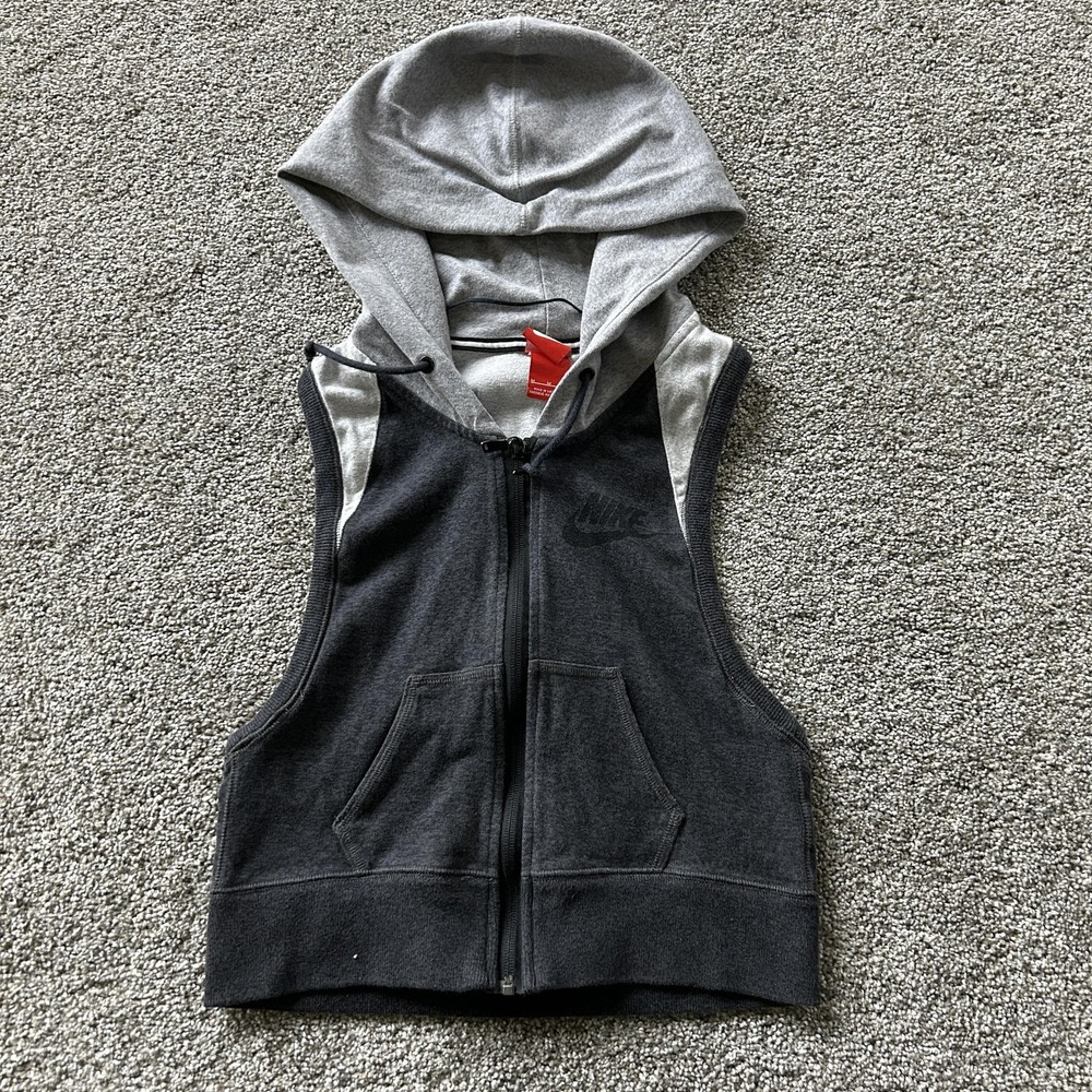 Nike Hoodie Womens M Gray Fleece Full Zip Sleeveless Kangaroo Vest Sweatshirt